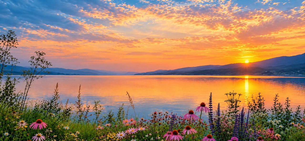 A still lake at sunset, hills on the far shore and wildflowers along the water's edge